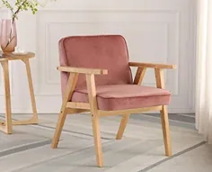 صندلی صندلی روتختی مخملی صندلی تخته چوبی مدرن Guyou Mid Century ، صندلی اتاق نشیمن لهجه یکپارچهسازی با سیستمعامل برای اتاق خواب / میزبان (صورتی)