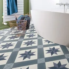 ورق کاشی وینیل با کاشی وکتوری ویکتوریایی با طرح ستاره ای در آبی و سفید ، آشپزخانه و حمام بالشتک Lino Andalusia 80 - اندازه های مختلف موجود (1.5 متر در 2 متر)