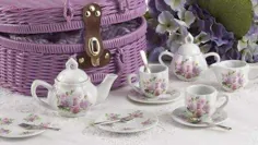 ست چای چینی بچه گانه در سبد حصیری گرد - گل رز - شامل چای رایگان!  - گلاب و لیوان