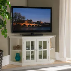 پایه تلویزیون 46 اینچی گوشه ای سفید با قفسه های کتاب درهای شیشه ای چوبی مدرن معاصر