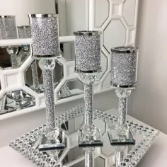 مجموعه ای از 3 لایه نقره خرد شده الماس دارای کریستال شمع نگهدارنده شمع دکوراسیون دکوراسیون خانه هدیه جدید در جعبه Bling درخشش