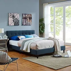 اتاق خواب با طراحی مدرن مدرن اتاق خواب اندازه کامل قاب تخت خواب ، آبی تیره ، چوب پارچه ای