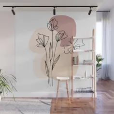 Minimal Line Flowers And Butterfly Wall Mural by betterhome