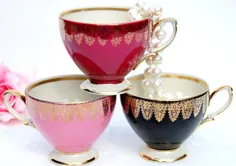 لیوان های چای عتیقه مجموعه ای از 3. لیوان های چای ناسازگار.  قرمز صورتی و |  اتسی