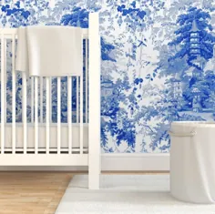 کاغذ دیواری Chinoiserie - سفید بید آبی توسط Peacoquettedesigns - چاپ خودکار متحرک قابل چاپ