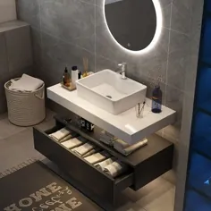 دستشویی حمام شناور 36 اینچ با سینک ظرفشویی حمام سنگ مرمر مصنوعی دیواری حمام دیواری با کابینت غرور بالا