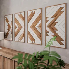 مجموعه هنرهای دیواری چوبی الگوی بومی - هنرهای بزرگ دیواری چوبی - آویز دیواری چوبی روستیک مدرن - مجموعه ای از 4 تابلو هنر دیواری - هنرهای دیواری