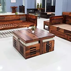 فضای داخلی نیلی میز قهوه مات لهستانی Sheesham Wooden معاصر با 4 صندلی با کوسن ، قهوه ای