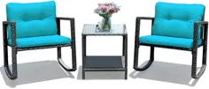 مجموعه Tistkula 3 PCs Wicker Rocking Rocking Bistro ، ست مبلمان صندلی گهواره ای در فضای باز با صندلی بالشتک ، ست مکالمه با میز قهوه شیشه ای و قفسه ذخیره سازی (آبی)