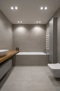 ایده حمام - حمامی خاکستری مدرن با وان توکار و غرور چوب