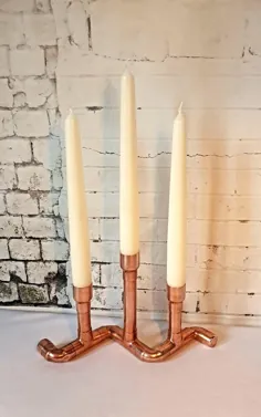 جا شمعی مسی برای 3 شمع مخروطی پایه شمع ساخته شده |  اتسی