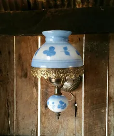 Vintage Electric Sconce، Blue Sconce، Wall Fixture، Filigree، Shade Glass، Lamp، Glass Painted Glass