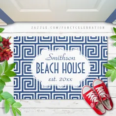 Beach House Navy Key Pattern Art Deco Nailed Doormat Personalized