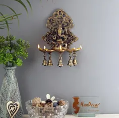 Panchdeep Ganesha Carving Hanging Brass Diya with Bells، Indian Decora Diya، Pooja Decor، چراغ روغن برنج، لامپ دست ساز، محصولات خانگی هند
