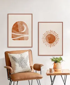 مجموعه چاپ آفتاب و ماه از 2 ، منظره انتزاعی Woodblock ، بارگیری دیجیتال Terracotta Burnt Orange ، هنر دیواری مدرن قابل چاپ