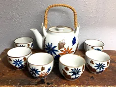 مجموعه چای سنگی Vintage Asahi ژاپنی قوری 6 فنجان گل |  اتسی