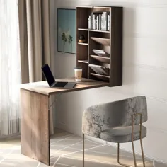 میز تحریر با قفسه کتاب با 4 قفسه طبقه - نوشتن میز شناور دیواری با قفسه های تاشو کتاب ، قاب چوبی مدرن - بلوط