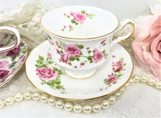 فنجان چای گل رز صورتی و هدیه روز مادر بشقاب پرنده |  اتسی
