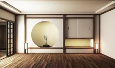 طراحی داخلی ژاپن ، اتاق نشیمن مدرن.  تصویرگری سه بعدی ، رندر سه بعدی