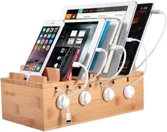 Ollieroo Bamboo Charging Station for 7 Devices، Charging Dock Stand Organizer for Mobile Cell، Tablet، Cords Organizer Cable