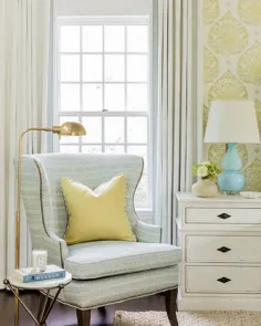 صندلی وینگ بک پارچه ای شورون آبی با بالش زرد - انتقالی - اتاق خواب