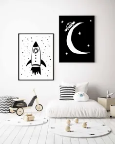 Space Wall Art مجموعه 2 چاپ پرستاری به رنگ سیاه و سفید برای |  اتسی