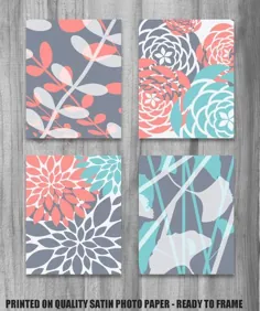 Coral Turquoise Grey CUSTOM COLORS Art Canvas or Prints Set |  اتسی