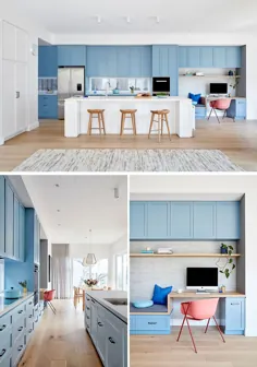 دیواری از کابینت های آشپزخانه به رنگ آبی روشن ، جلوه ای خوش رنگ به این خانه نوسازی شده می بخشد