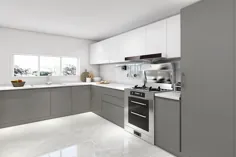 کابینت آشپزخانه خاکستری و سفید لاکی سفارشی با جزیره