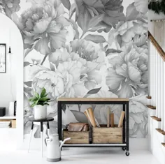 Grey Peonies Floral Wallpaper Mural KM032 - Self-Adhesive Tradition سنتی چسبیده یا کاغذ دیواری لایه بردار و استیک سبک آبرنگ
