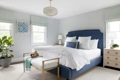 تخت خواب روتختی آبی با کابینت های شبانه کرم - انتقالی - اتاق خواب
