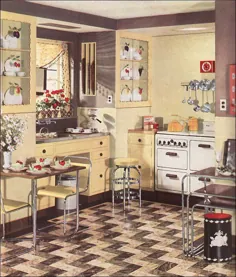 سال 1936 آرمسترانگ کفپوش مشمع کف اتاق برای یک آشپزخانه مدرن زرد - الهام از طراحی قدیمی از دهه 1930