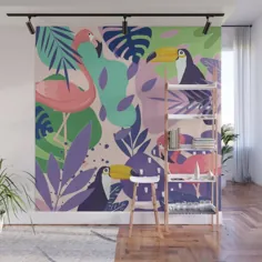 جنگل گرمسیری با فلامینگوها و توکان ها نقاشی دیواری به سبک ممفیس توسط Little Bunny Sunshine - 8 'X 8'