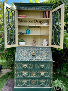 فروخته شده --- فروخته شده - کابینت قفسه کتاب های برجسته حک شده در آنی اسلون سبز آمستردام