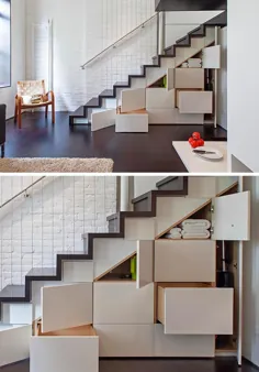 کابینت ها و کشوهای زیر پله فضای ذخیره سازی مورد نیاز را به این آپارتمان کوچک اضافه می کنند