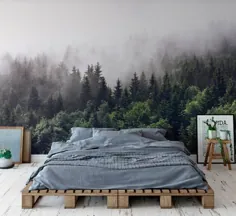 دیوار جنگلی مه آلود نقاشی دیواری کوهی خاکستری مه آلود درختان سبز تیره در کوه نقاشی دیواری اتاق خواب اتاق قابل تنظیم Peel n Stick