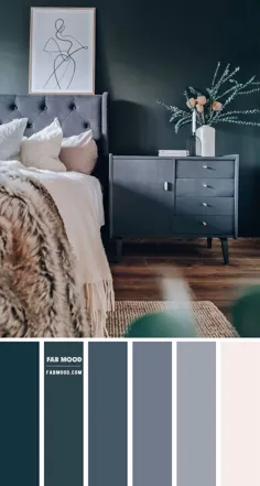 طرح رنگ اتاق خواب زغال چوب و آبی |  پالت رنگ اتاق خواب