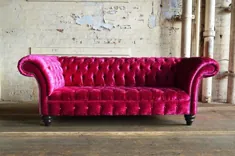 مبل دست ساز سه نفره Fuchsia صورتی خرد شده مبل مخملی Chesterfield