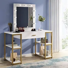 Tribesigns میز غرور سفید با آینه روشن ، میز آرایش آرایش با کشوی بزرگ و قفسه ذخیره سازی ، میز کمد مخصوص زنان (سفید)