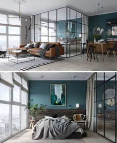 دیوارهای شیشه ای با قاب سیاه اتاق خواب این آپارتمان را در کیف جدا می کنند