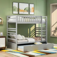 Harper & Bright Designs Grey Twin Over Twin Bunk Bed with Trundle and Ladder-SG000093EAA - انبار خانه