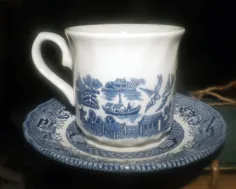 Vintage (1997) Chinoiserie Royal Wessex Blue Willow |  ست چای آبی و سفید ماتیو شرقی (یک فنجان تخت با نعلبکی متناسب).