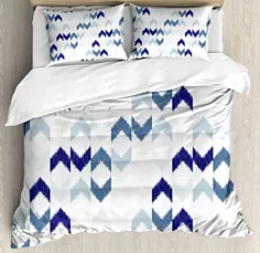 ست پوشش لحاف Ambesonne Navy ، تصویر سنتی عامیانه Ikat Chevron Zigzag ، مجموعه ملافه 3 تکه تزئینی با 2 شمش بالش ، اندازه ملکه ، تخته سنگ بنفش سفید سفید