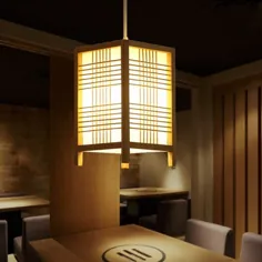 چراغ آویز چوبی ژاپنی 1 لامپ طبیعی چراغ آویز 6 "/ 8.5" عرض چوبی آویز مربع چراغ آویز اتاق ناهارخوری سرسرا