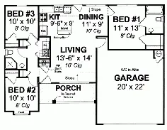 طرح Ranch House - 3 اتاق خواب ، 2 حمام ، 998 Sq Ft Plan 11-330