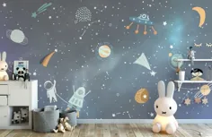 فضای کارتونی با سیارات رنگارنگ و نقاشی دیواری ستاره های کوچک
