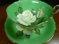 PARAGON FANCY TEA CUP and SAUCER half sq SOFT green large WHITE ROSE عالی