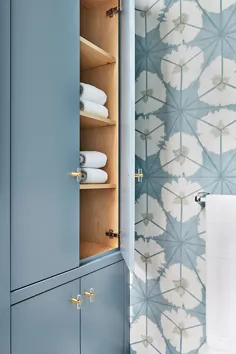 کابینت های کتانی آبی حمام با سخت افزار برنجی و شیشه ای - انتقالی - حمام