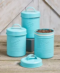 ست پرنعمت از 3 قوطی آشپزخانه فلزی آبی.  ساخته شده از استیل  چای ، شکر ، برای فروش آنلاین |  eBay