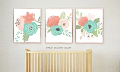 Floral Nursery Wall Art اتاق مرجان مرجانی آبزیان اتاق خواب دخترانه |  اتسی